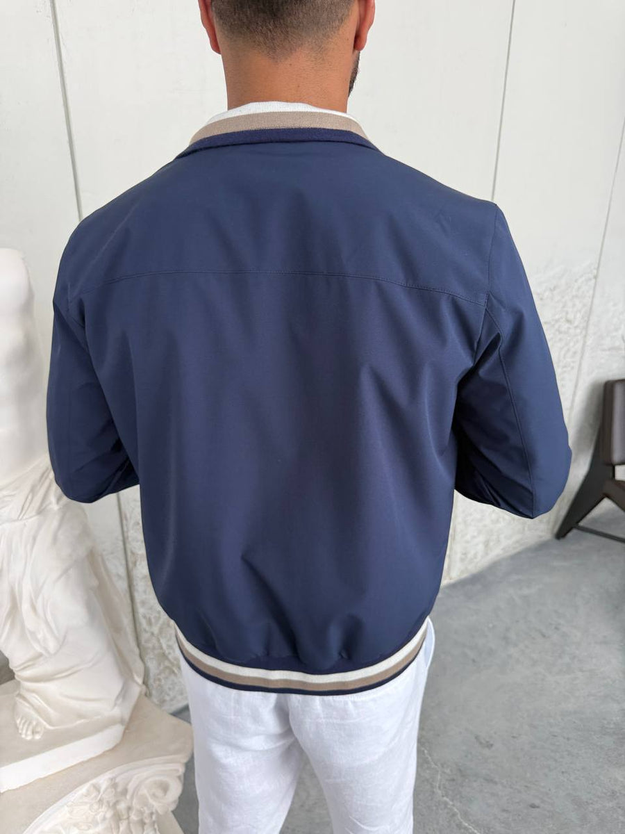 Navy Blue Lightweight Bomber Jacket with Windbreaker Detail
