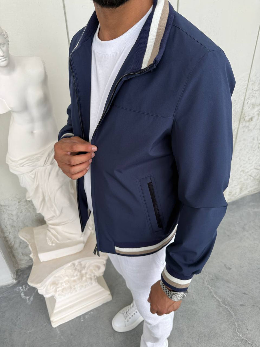 Navy Blue Lightweight Bomber Jacket with Windbreaker Detail