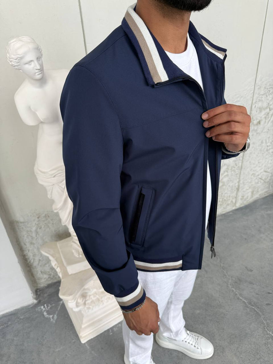 Navy Blue Lightweight Bomber Jacket with Windbreaker Detail