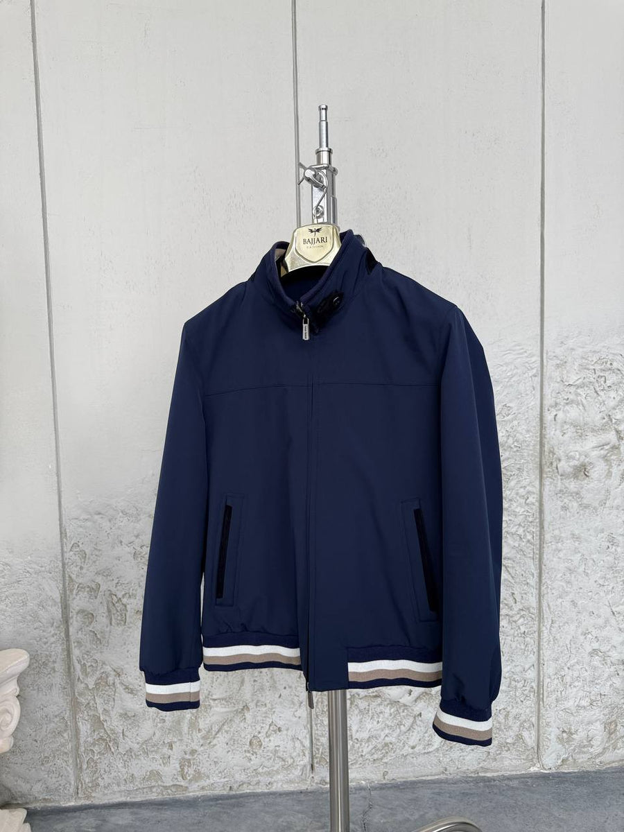 Navy Blue Lightweight Bomber Jacket with Windbreaker Detail