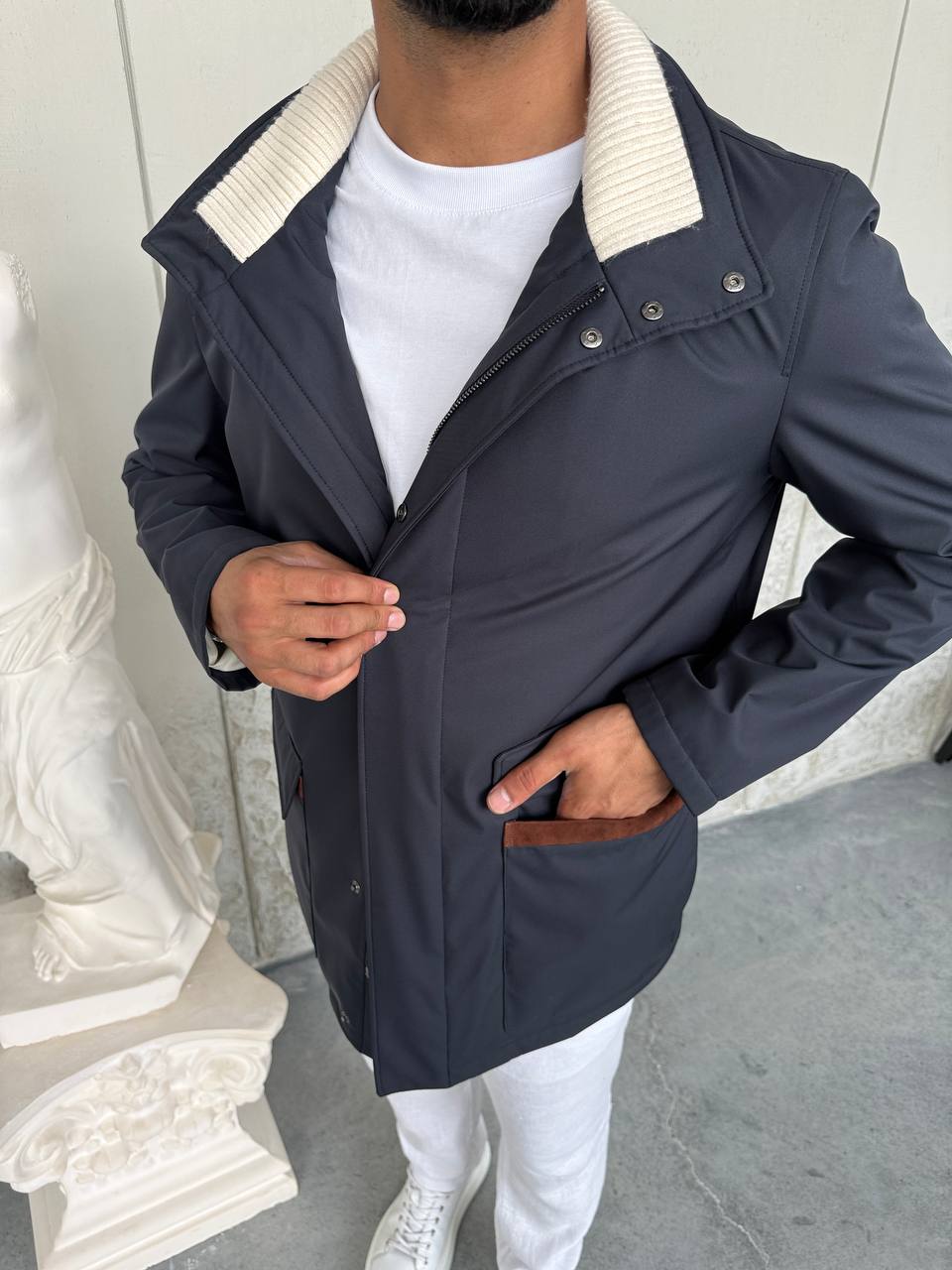 Waterproof Jacket with Knitted Collar &amp; Cashmere Lining
