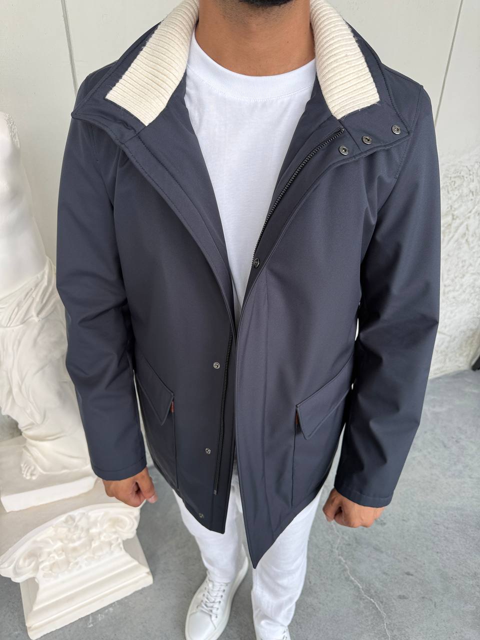 Waterproof Jacket with Knitted Collar &amp; Cashmere Lining