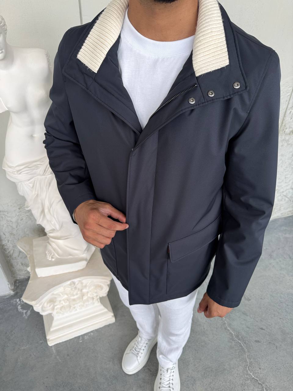 Waterproof Jacket with Knitted Collar &amp; Cashmere Lining
