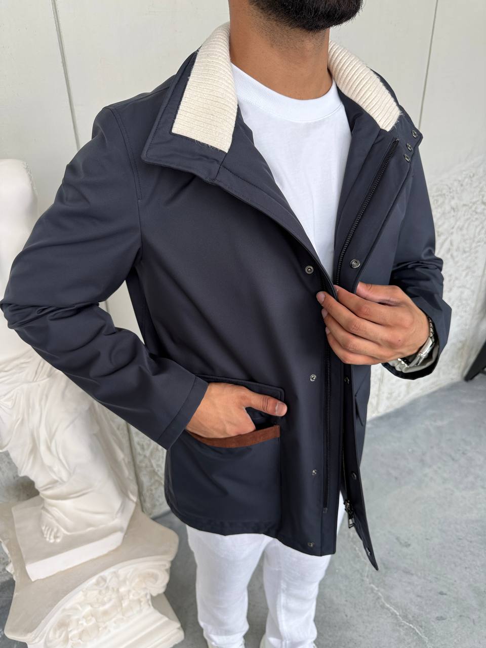 Waterproof Jacket with Knitted Collar &amp; Cashmere Lining