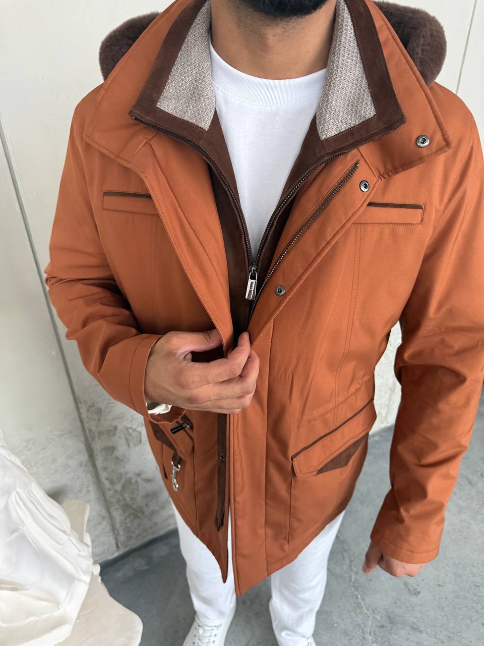 Waterproof Elegant Jacket with Cashmere Lining &amp; Rabbit Fur Hood