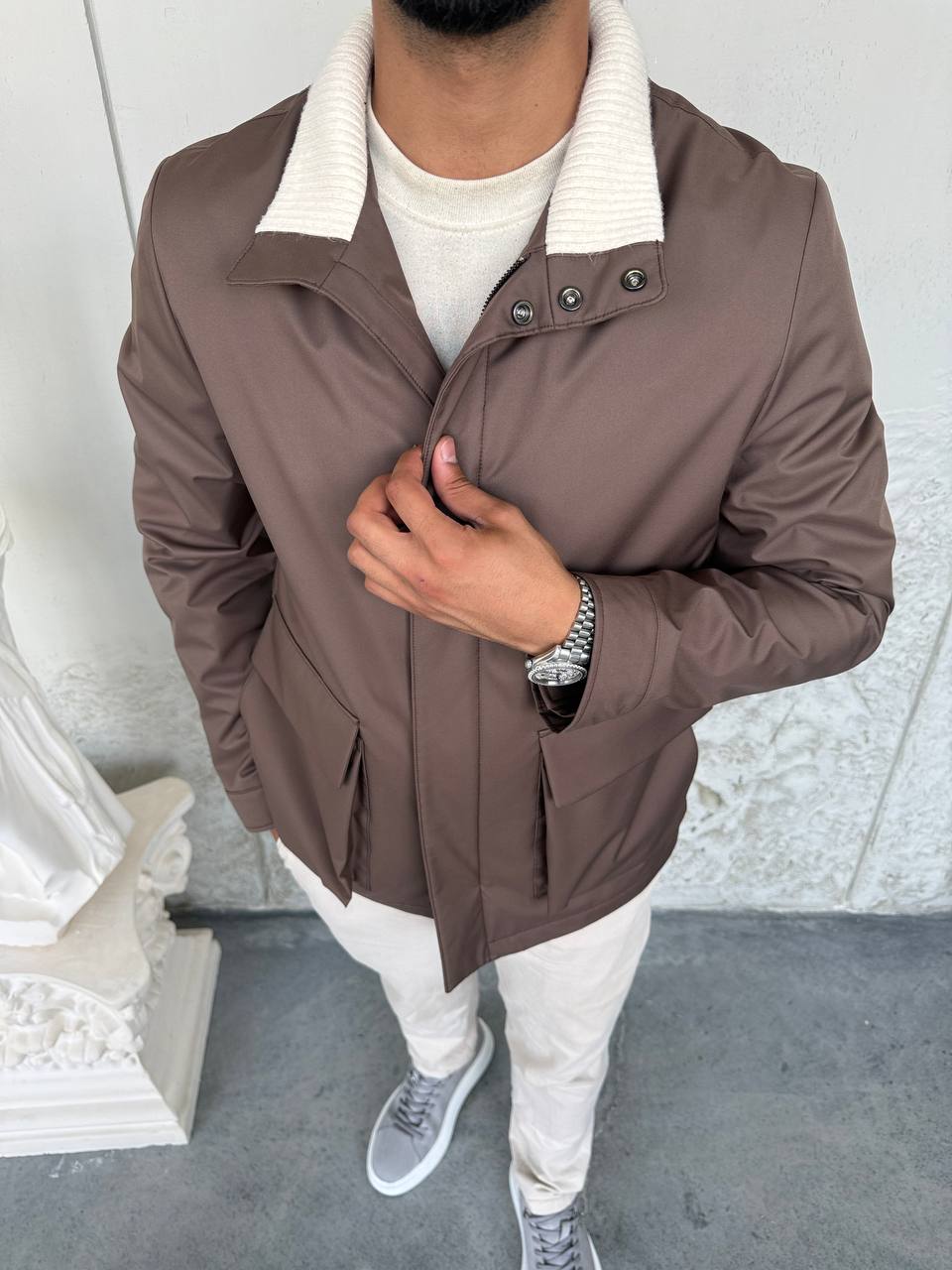 Waterproof Jacket with Knitted Collar &amp; Cashmere Lining