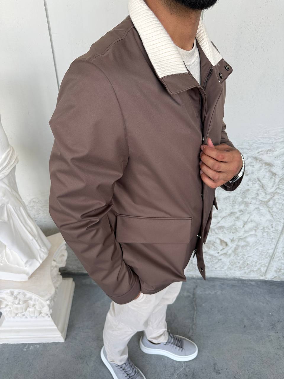 Waterproof Jacket with Knitted Collar &amp; Cashmere Lining