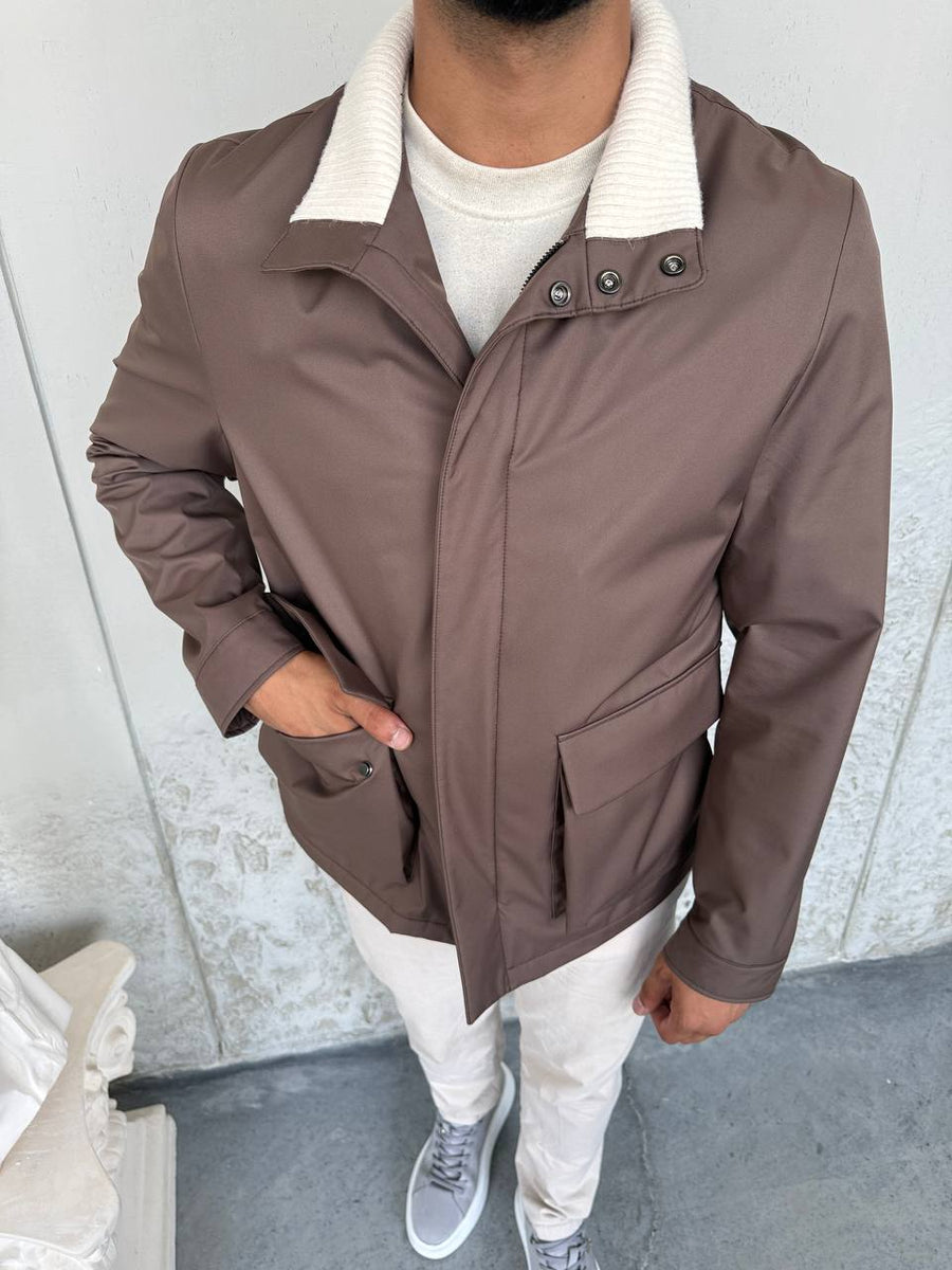Waterproof Jacket with Knitted Collar &amp; Cashmere Lining