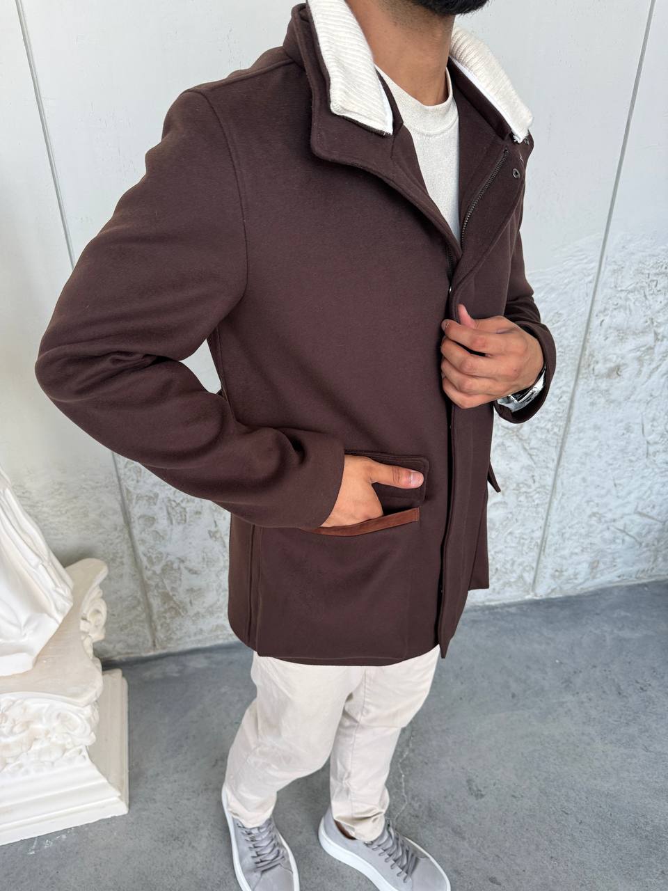 Brown Cashmere Blend Jacket with Detachable Collar