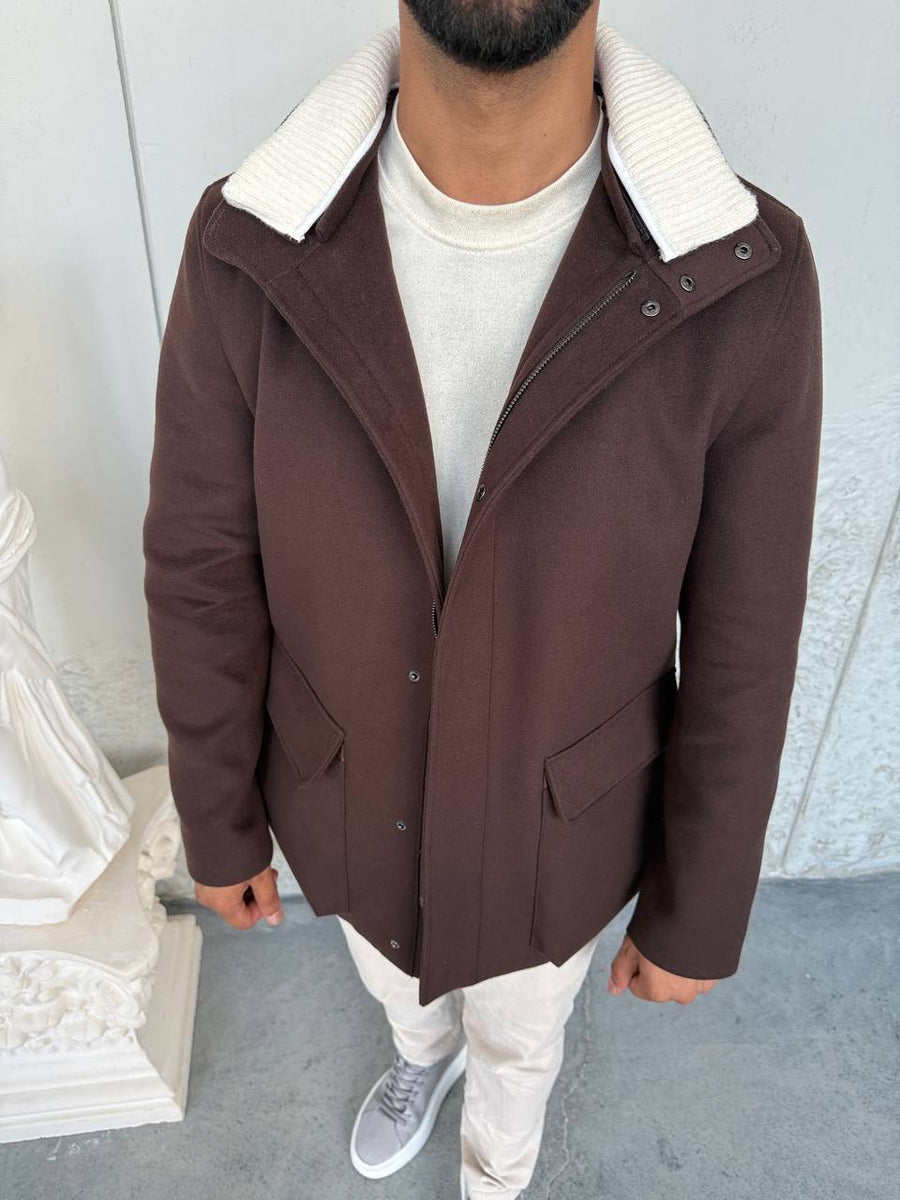 Brown Cashmere Blend Jacket with Detachable Collar