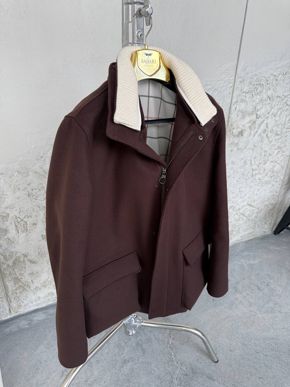 Brown Cashmere Blend Jacket with Detachable Collar