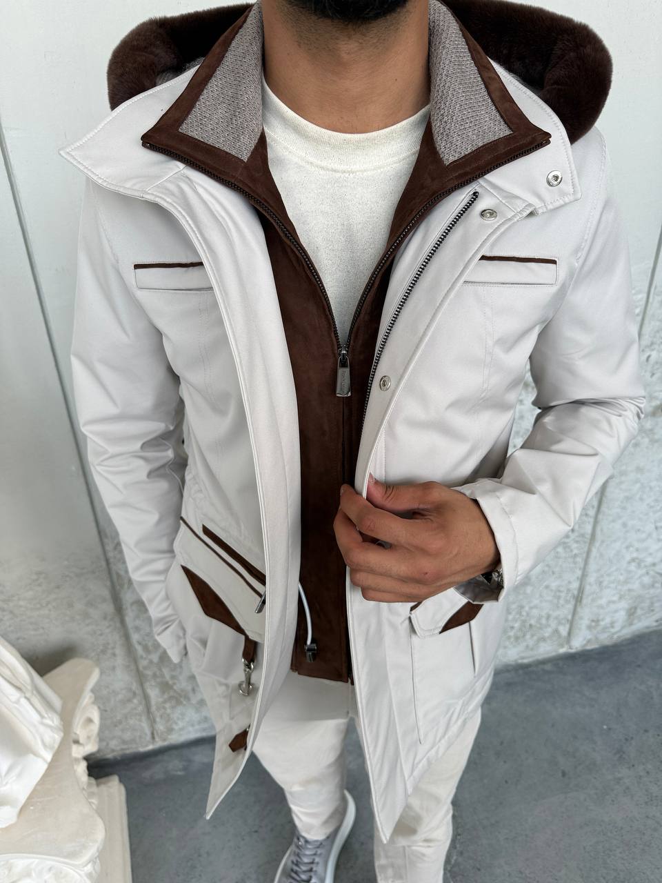 Waterproof Elegant Jacket with Cashmere Lining &amp; Rabbit Fur Hood