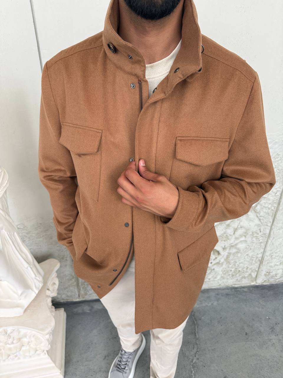 Caramel Wool Blend Jacket with Four Pockets