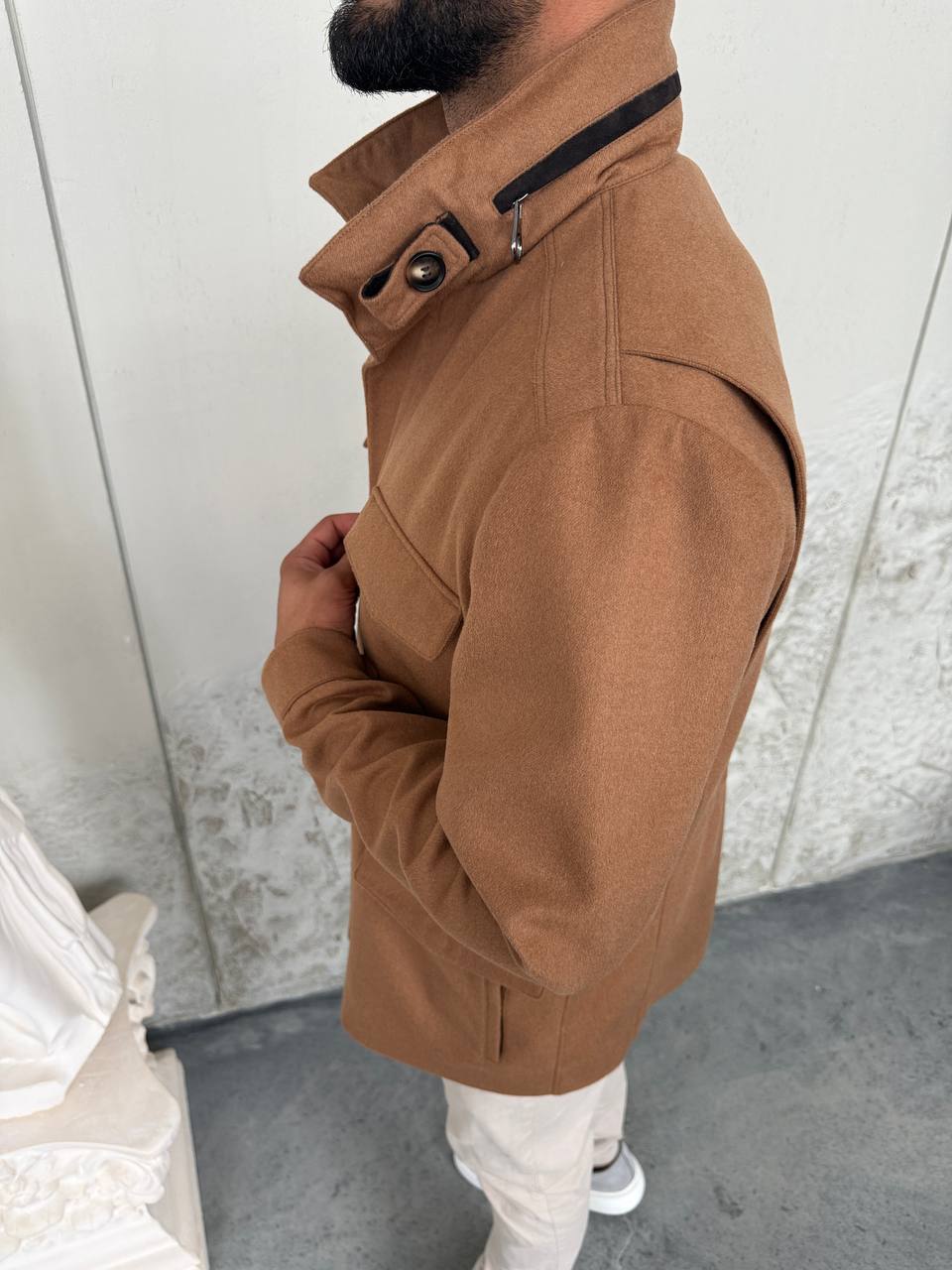 Caramel Wool Blend Jacket with Four Pockets