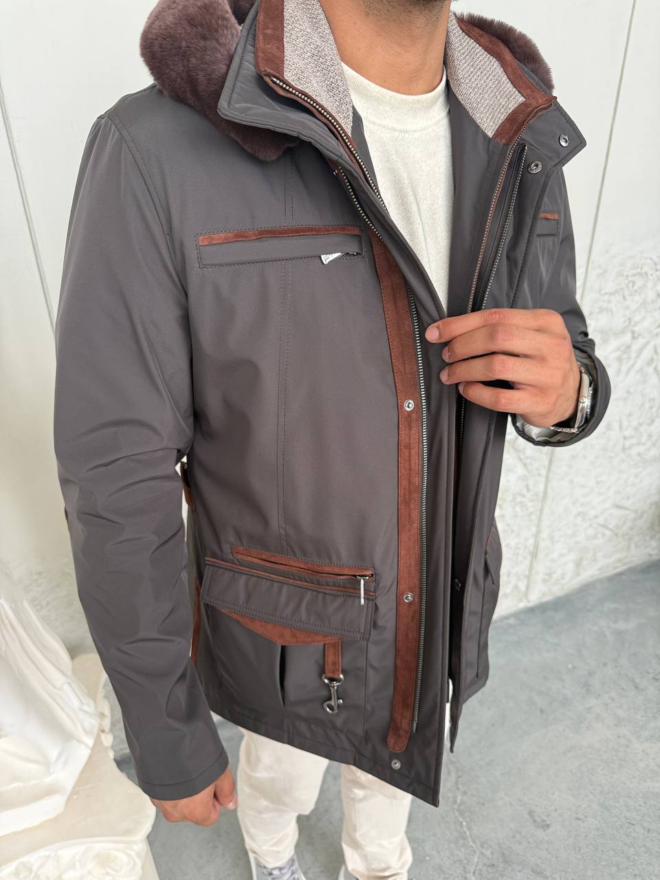 Waterproof Elegant Jacket with Cashmere Lining &amp; Rabbit Fur Hood