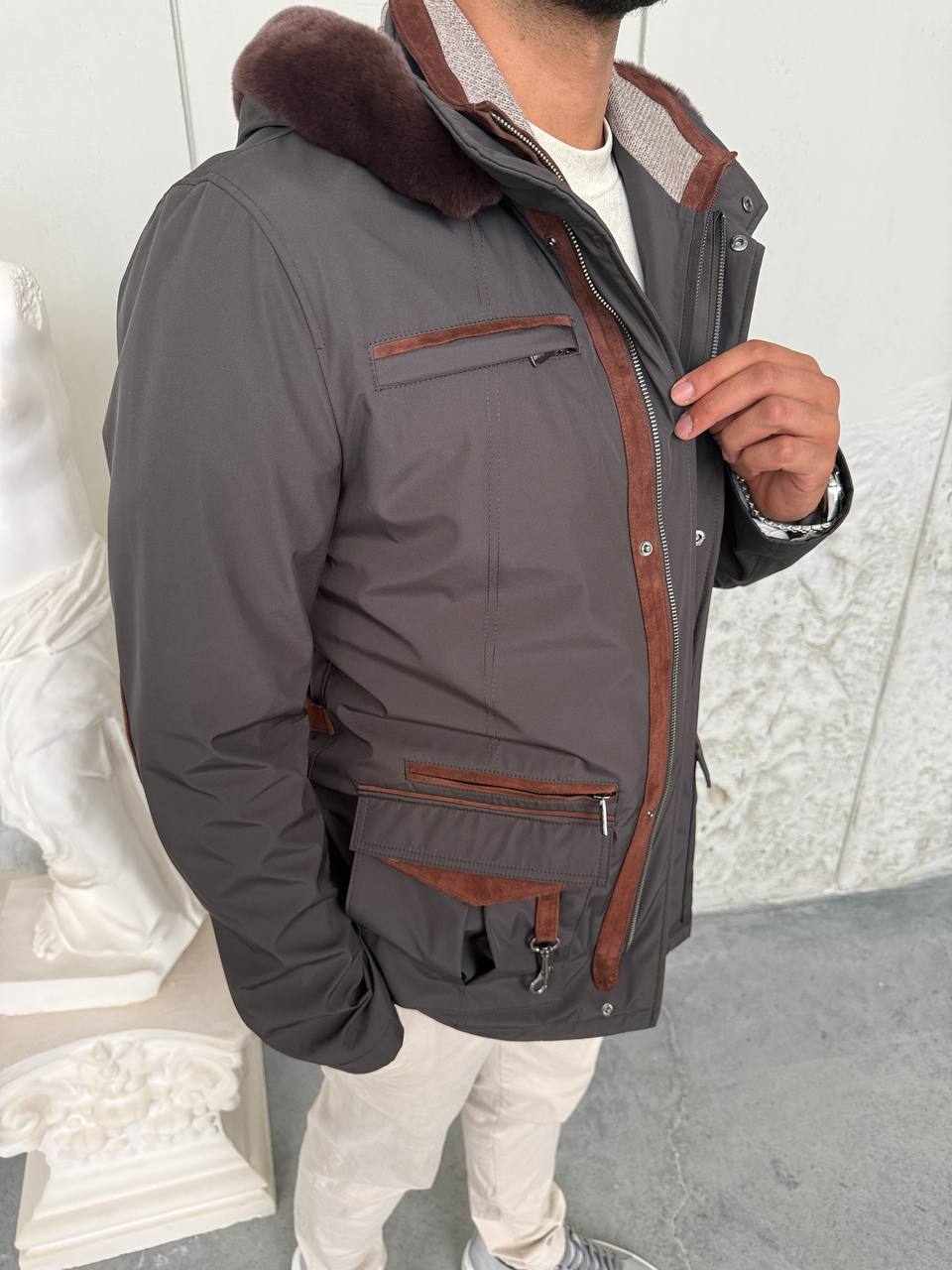 Waterproof Elegant Jacket with Cashmere Lining &amp; Rabbit Fur Hood