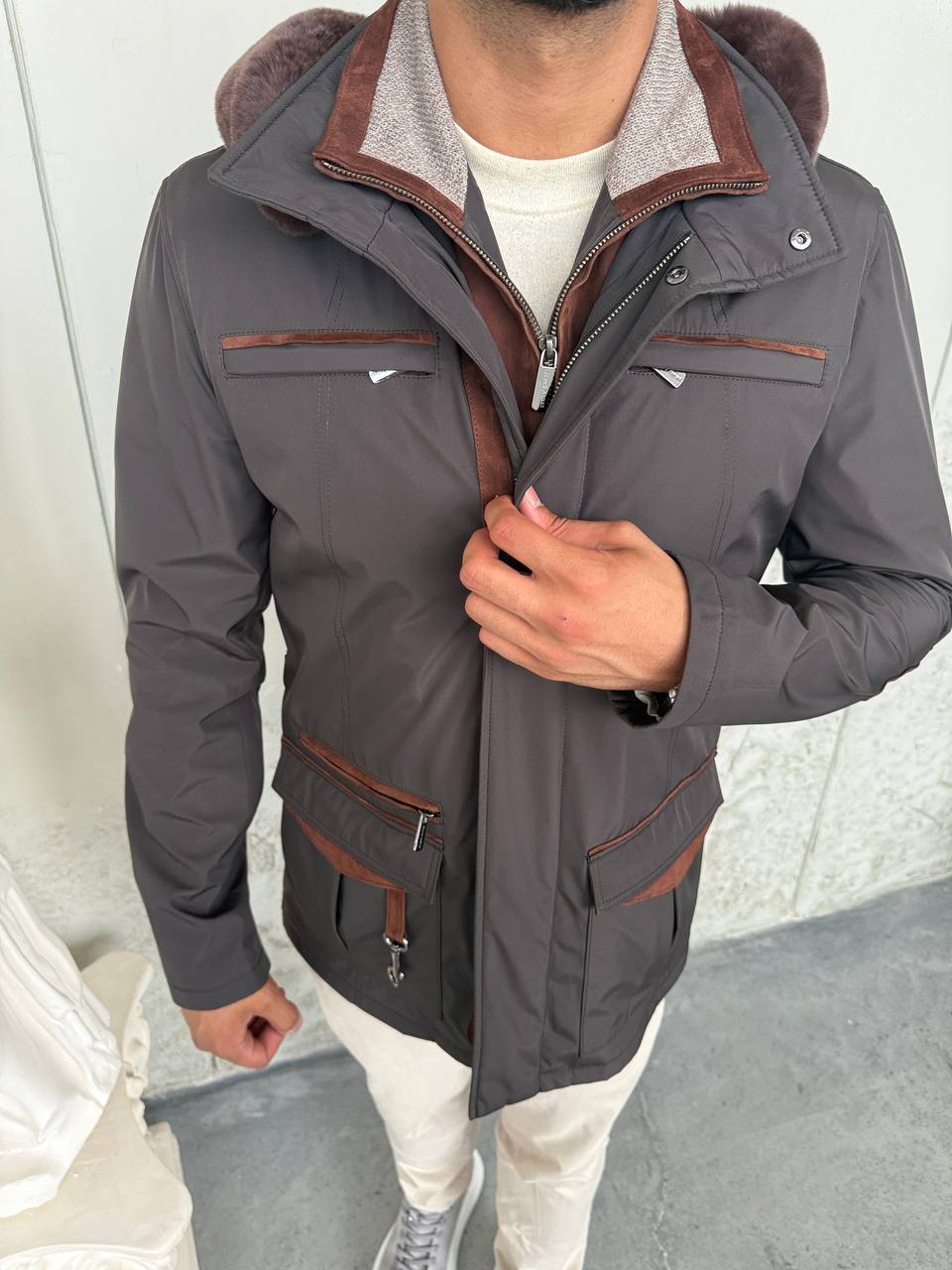 Waterproof Elegant Jacket with Cashmere Lining &amp; Rabbit Fur Hood