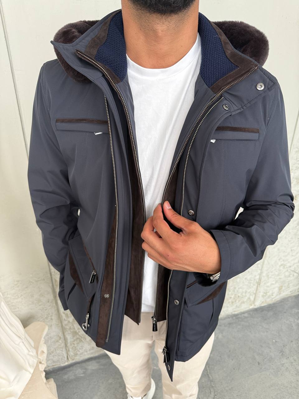 Waterproof Elegant Jacket with Cashmere Lining &amp; Rabbit Fur Hood