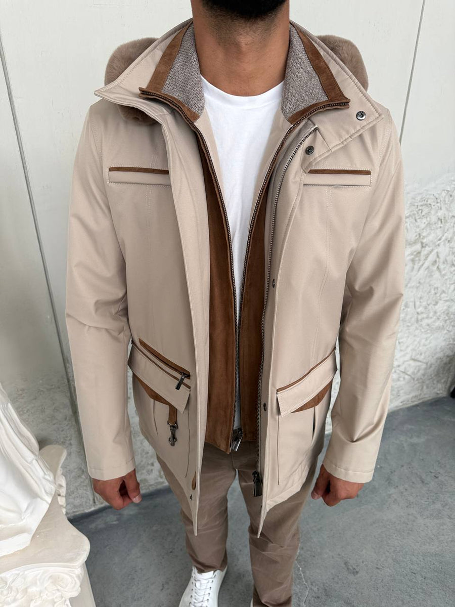 Waterproof Elegant Jacket with Cashmere Lining &amp; Rabbit Fur Hood