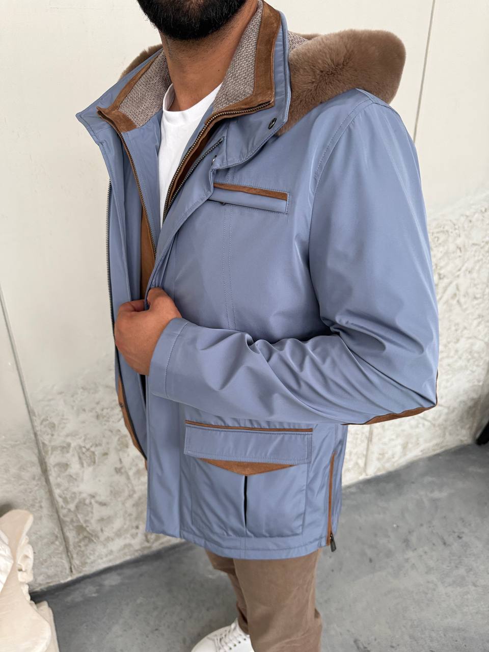 Waterproof Elegant Jacket with Cashmere Lining &amp; Rabbit Fur Hood