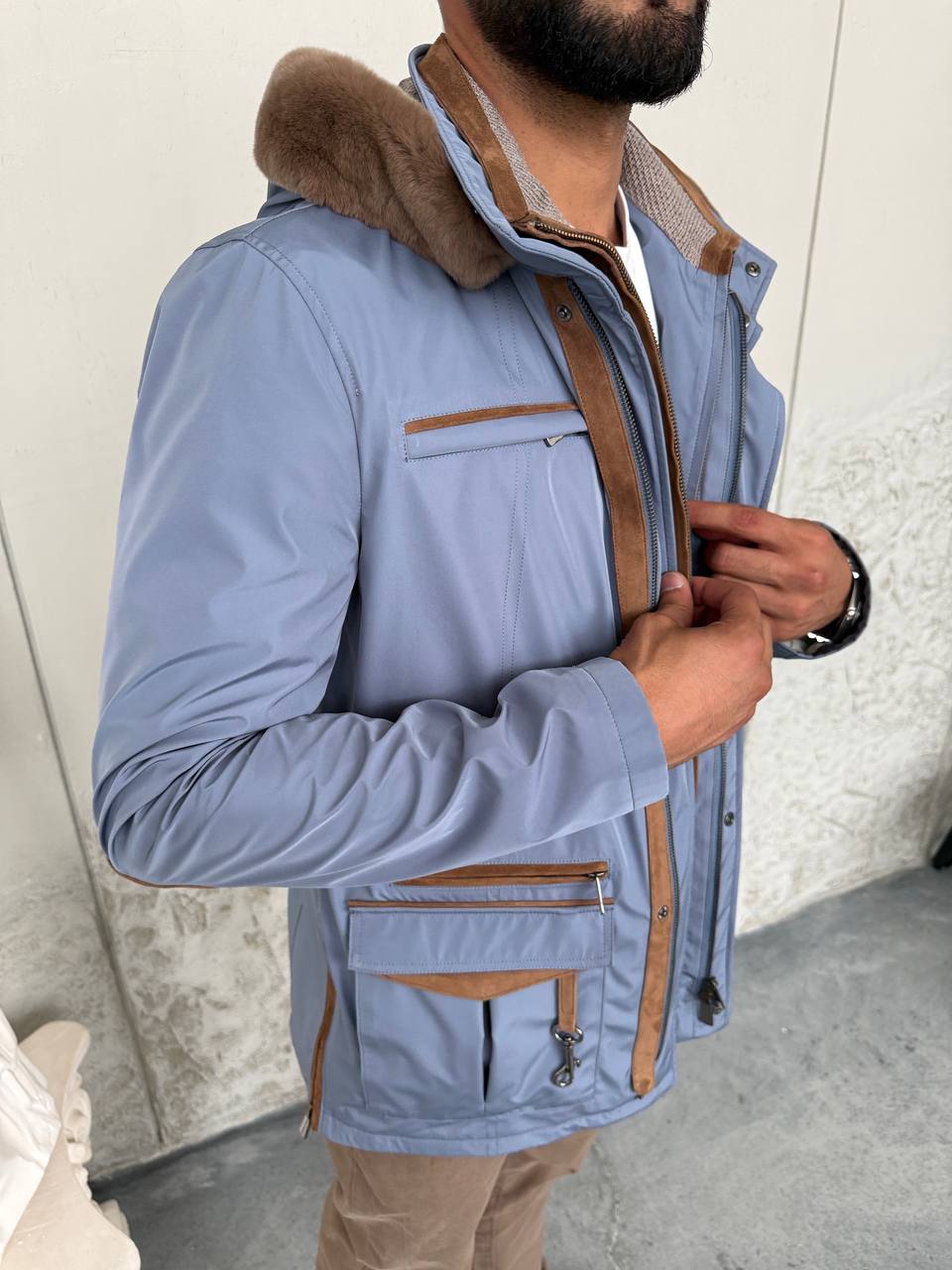 Waterproof Elegant Jacket with Cashmere Lining &amp; Rabbit Fur Hood