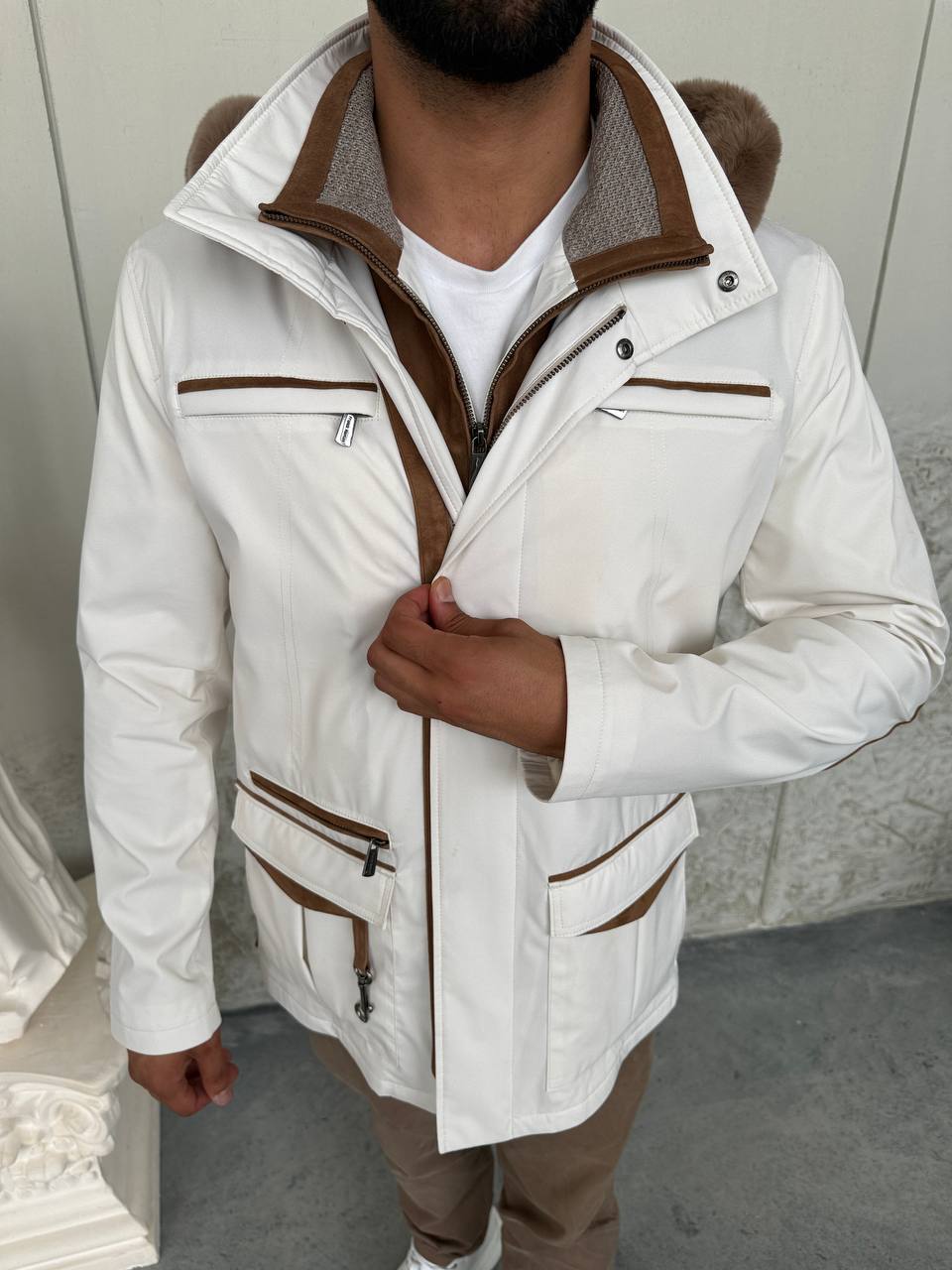 Waterproof Elegant Jacket with Cashmere Lining &amp; Rabbit Fur Hood