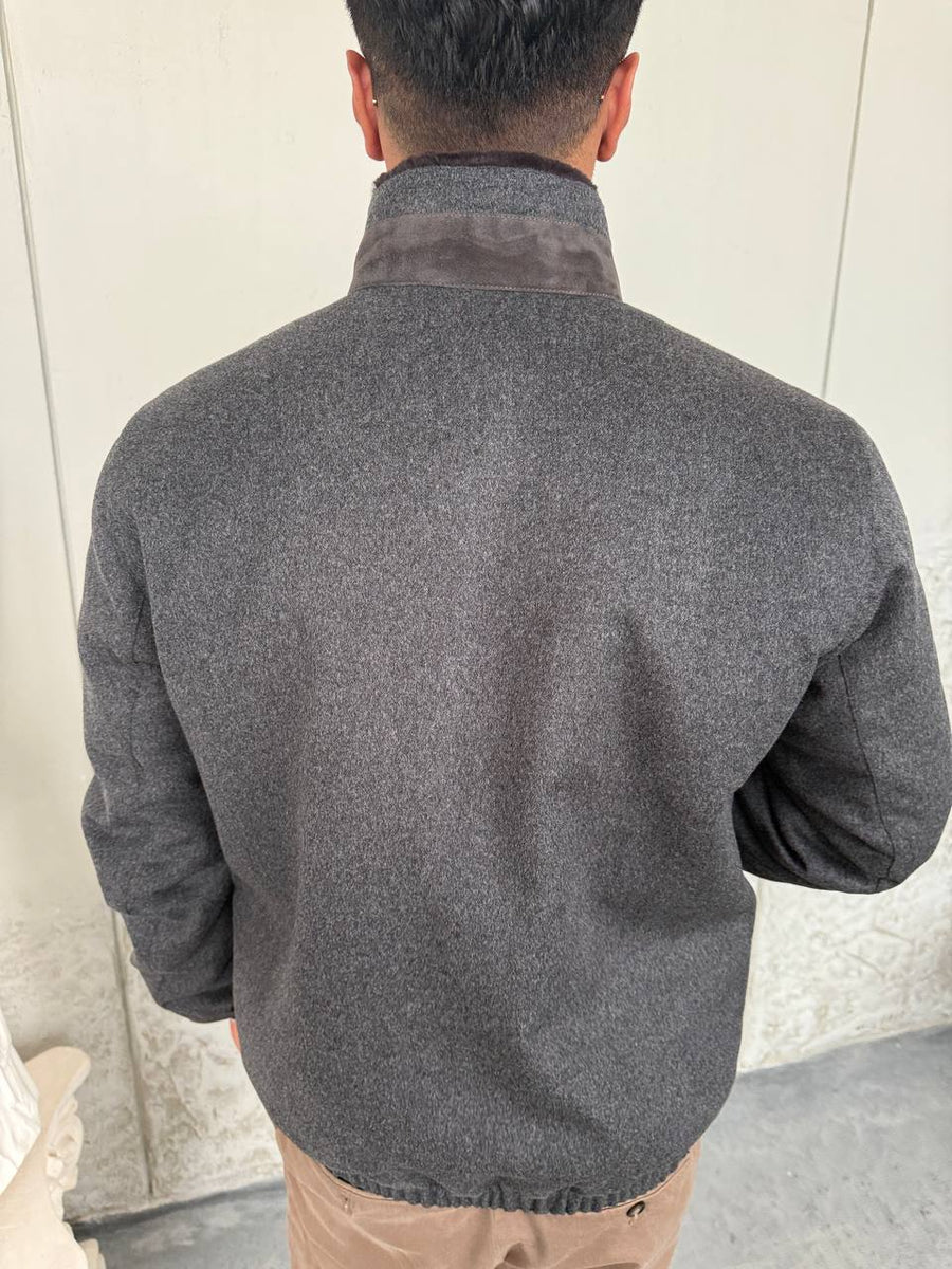 Grey Cashmere-Touch Winter Jacket with Genuine Rex Fur Lining