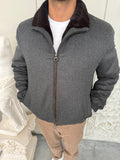 Grey Cashmere-Touch Winter Jacket with Genuine Rex Fur Lining