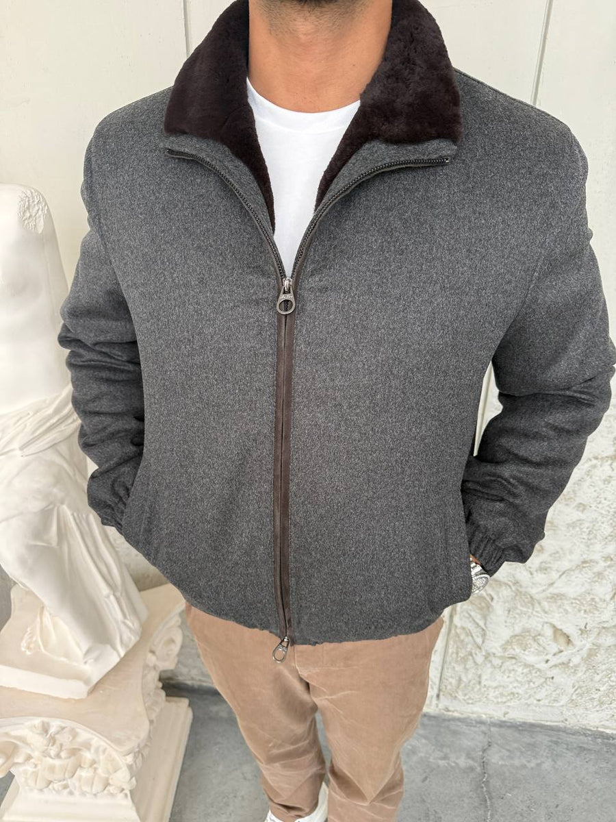 Grey Cashmere-Touch Winter Jacket with Genuine Rex Fur Lining