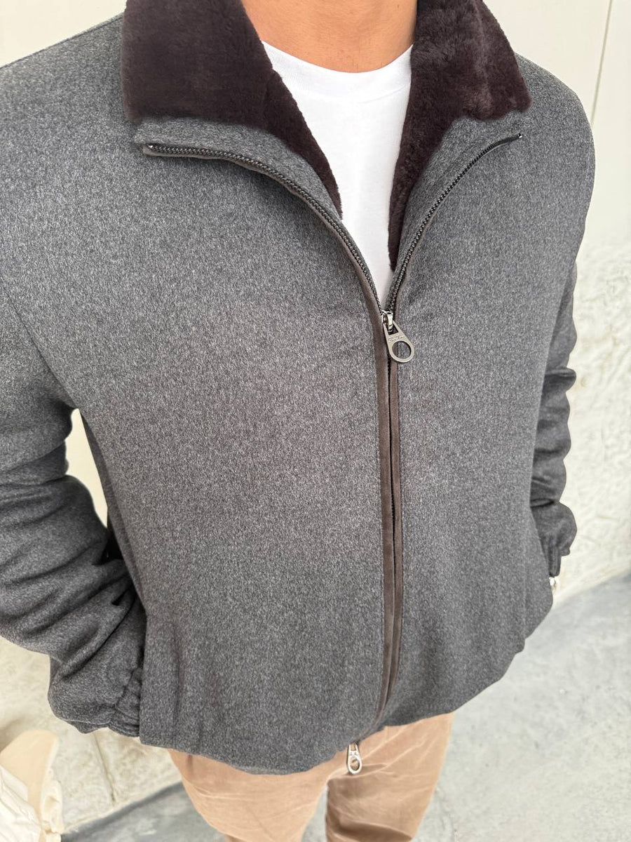 Grey Cashmere-Touch Winter Jacket with Genuine Rex Fur Lining