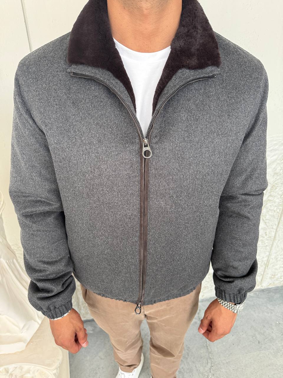 Grey Cashmere-Touch Winter Jacket with Genuine Rex Fur Lining