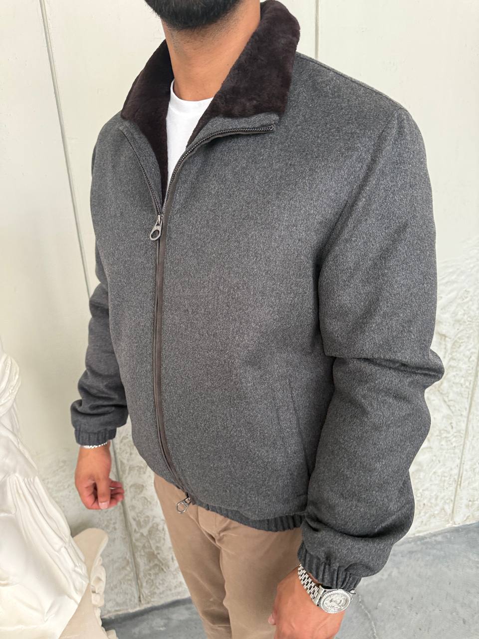Grey Cashmere-Touch Winter Jacket with Genuine Rex Fur Lining