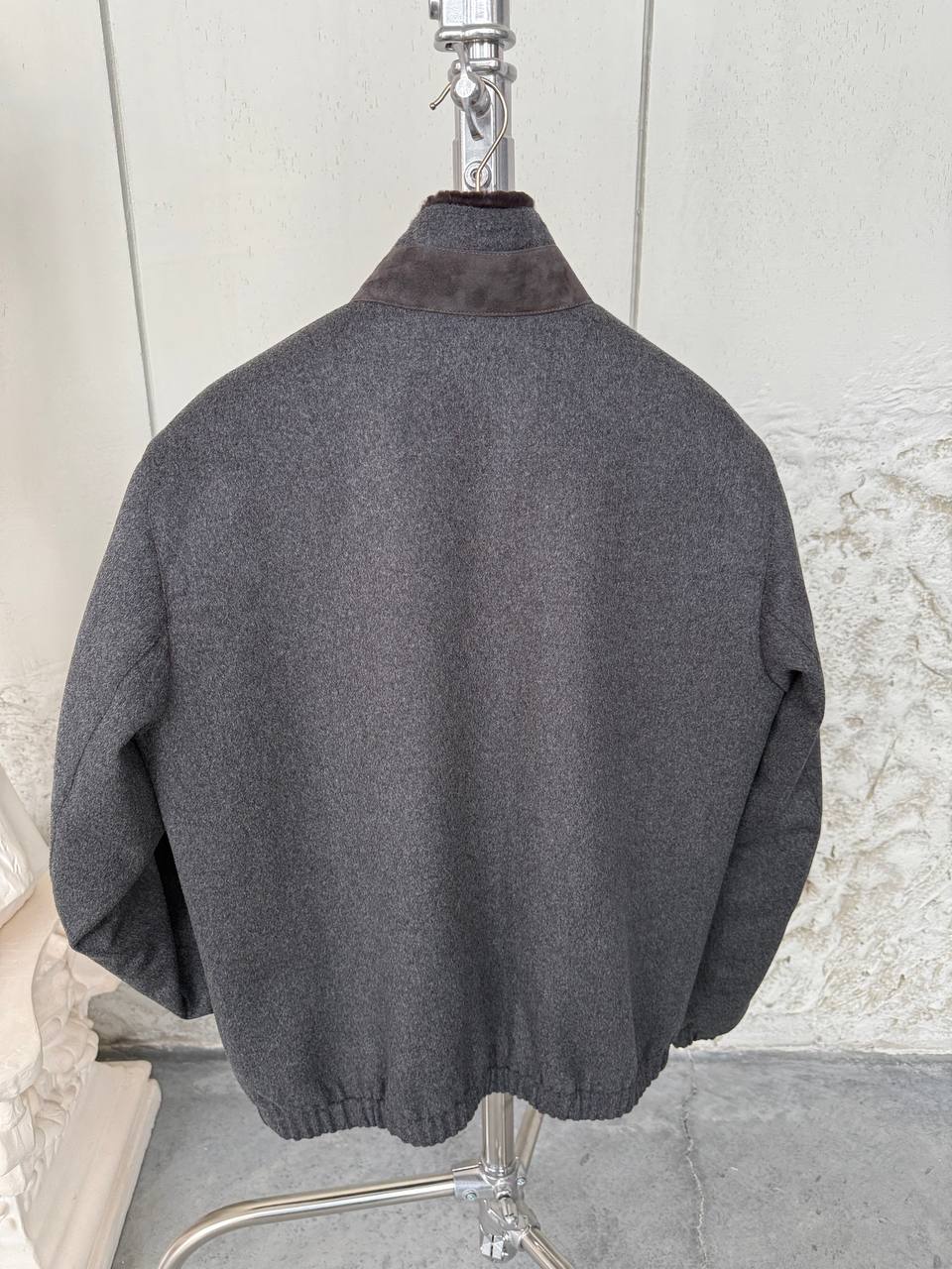 Grey Cashmere-Touch Winter Jacket with Genuine Rex Fur Lining