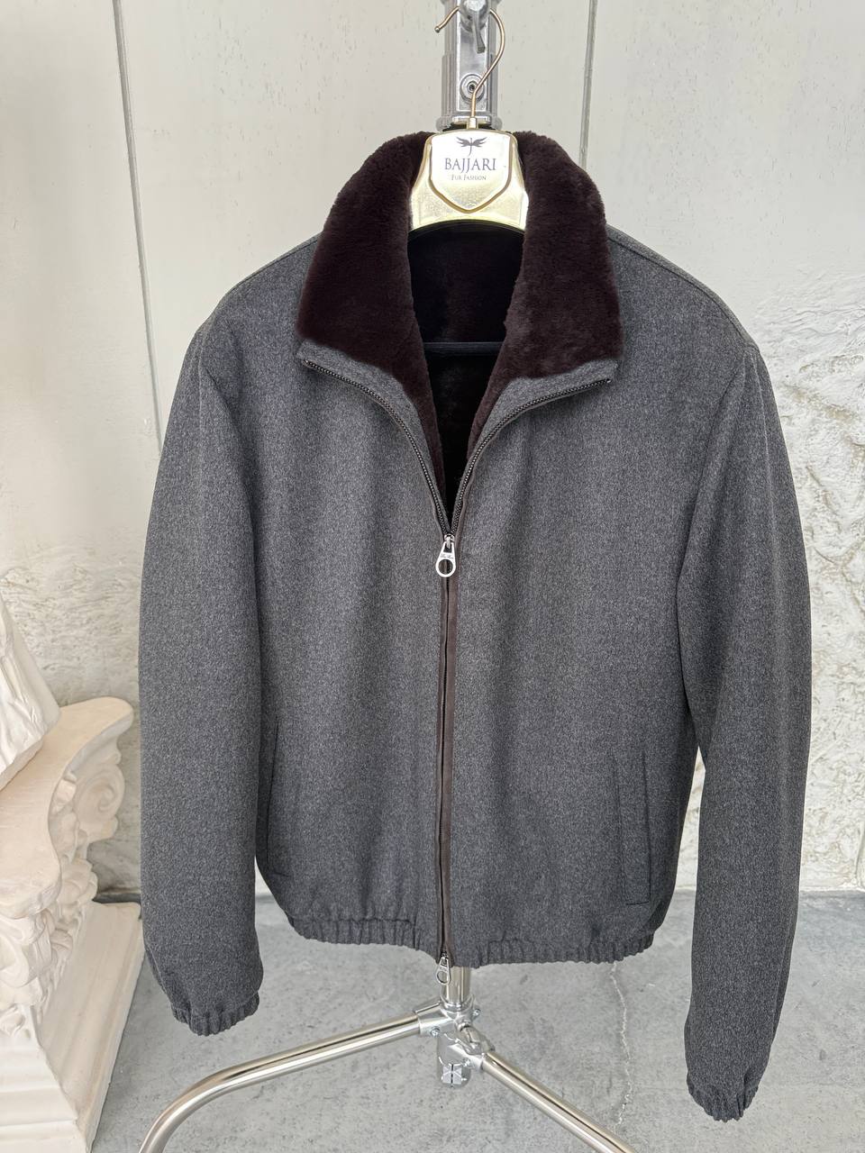 Grey Cashmere-Touch Winter Jacket with Genuine Rex Fur Lining