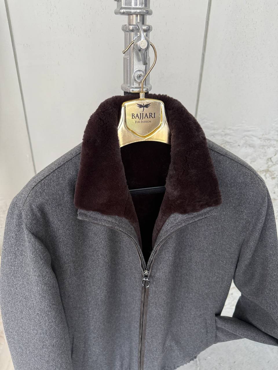 Grey Cashmere-Touch Winter Jacket with Genuine Rex Fur Lining