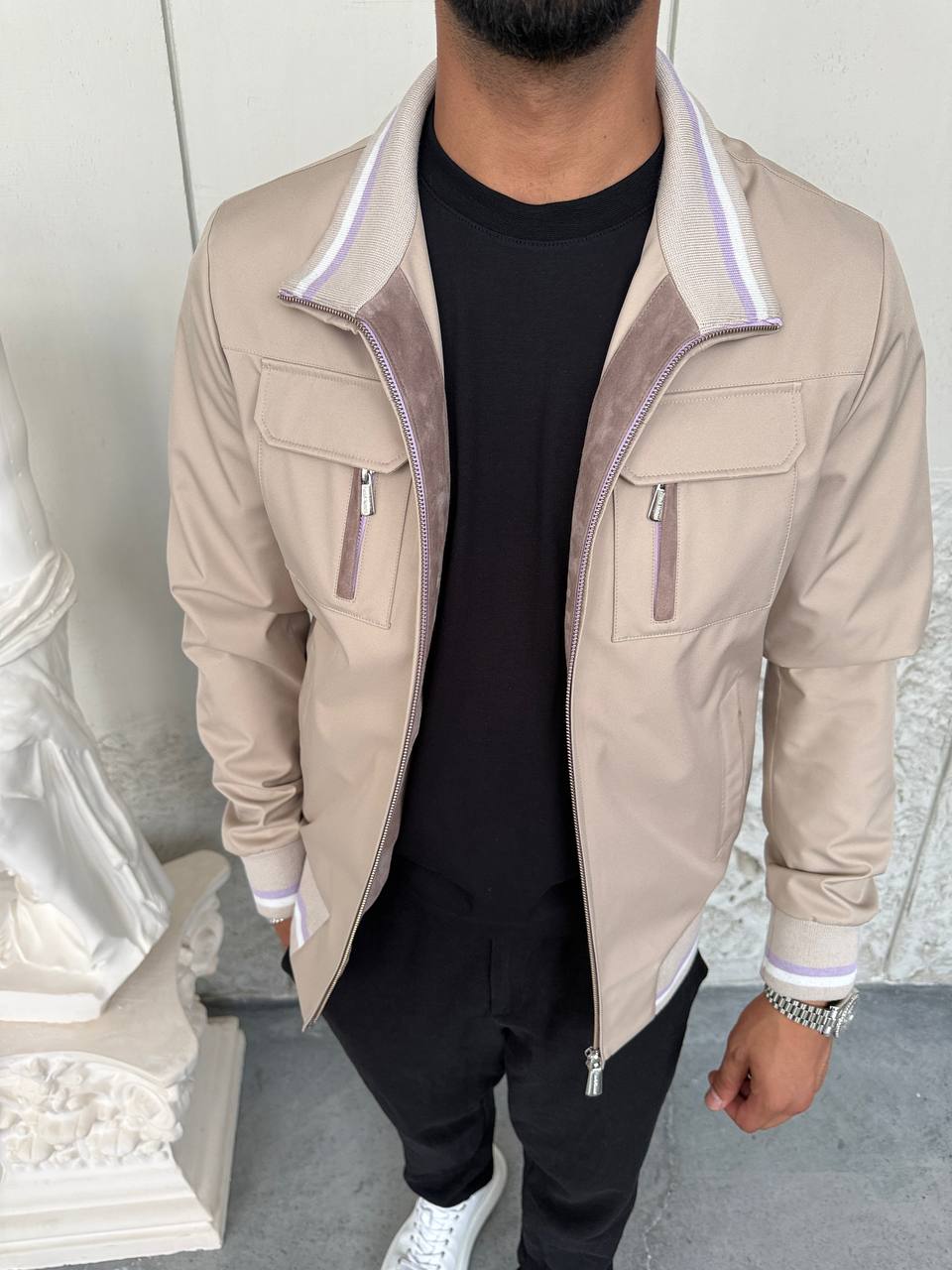 Beige Multi-Pocket Sporty Bomber Jacket