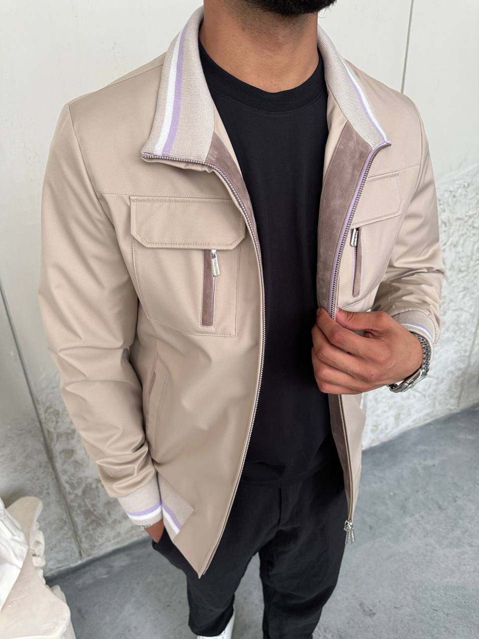 Beige Multi-Pocket Sporty Bomber Jacket
