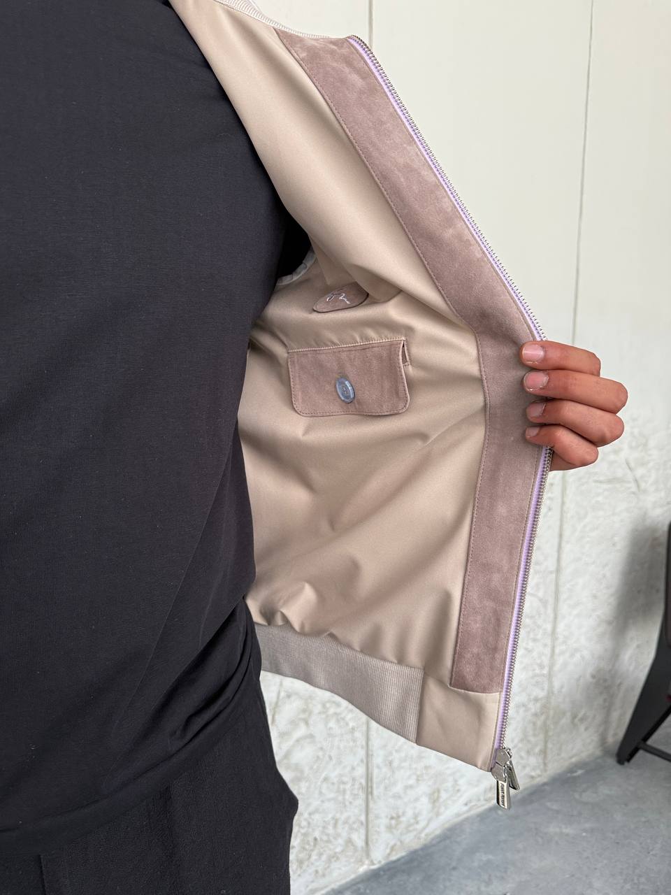 Beige Multi-Pocket Sporty Bomber Jacket