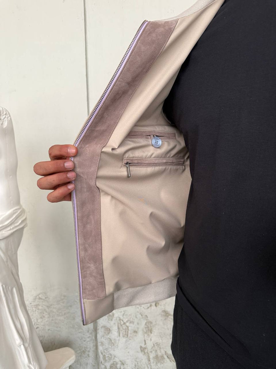 Beige Multi-Pocket Sporty Bomber Jacket