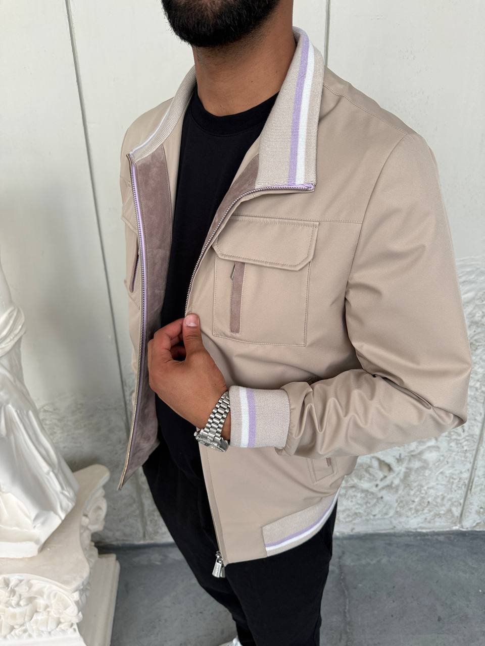 Beige Multi-Pocket Sporty Bomber Jacket