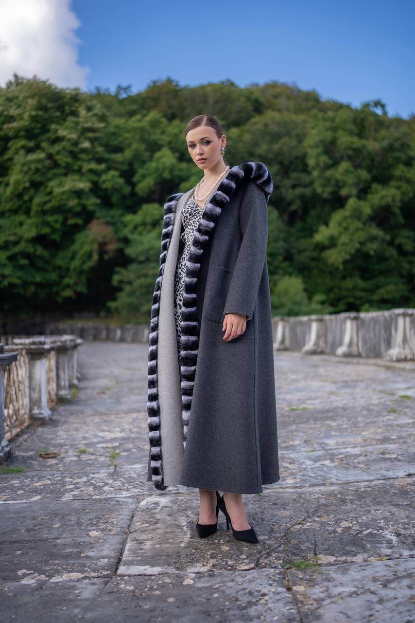 Reversible Hooded Abaya with Alpaca Wool and Rabbit Fur-9487-