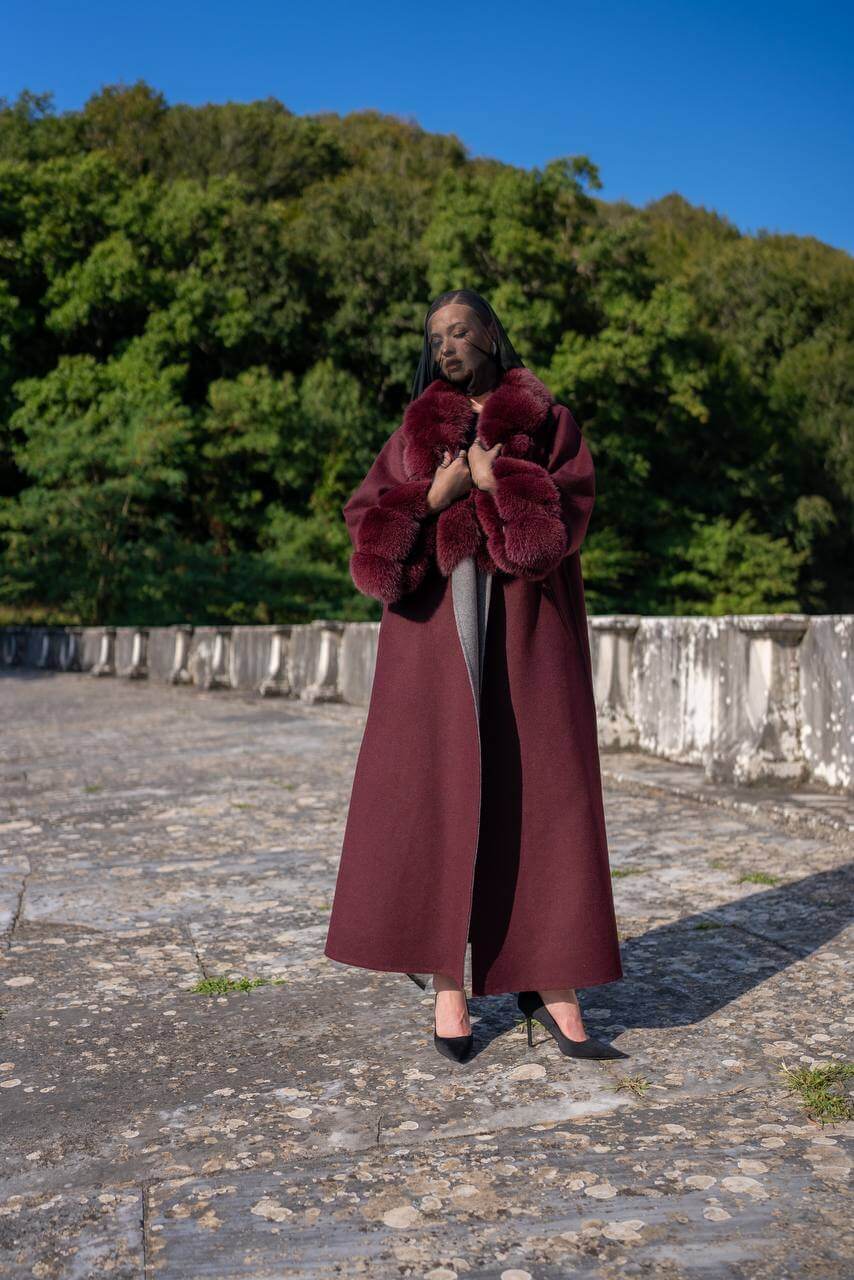 Emblem of Elegance Long Coat with Alpaca Wool and Fox Fur Details-9021-