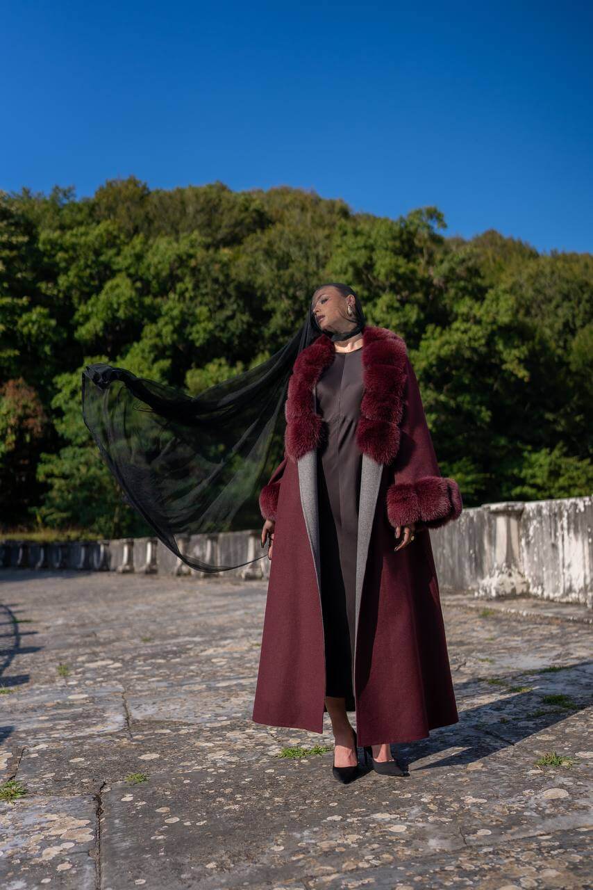 Emblem of Elegance Long Coat with Alpaca Wool and Fox Fur Details-9021-