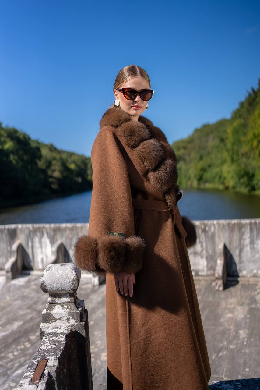 Emblem of Elegance Long Coat with Alpaca Wool and Fox Fur Details-9021-