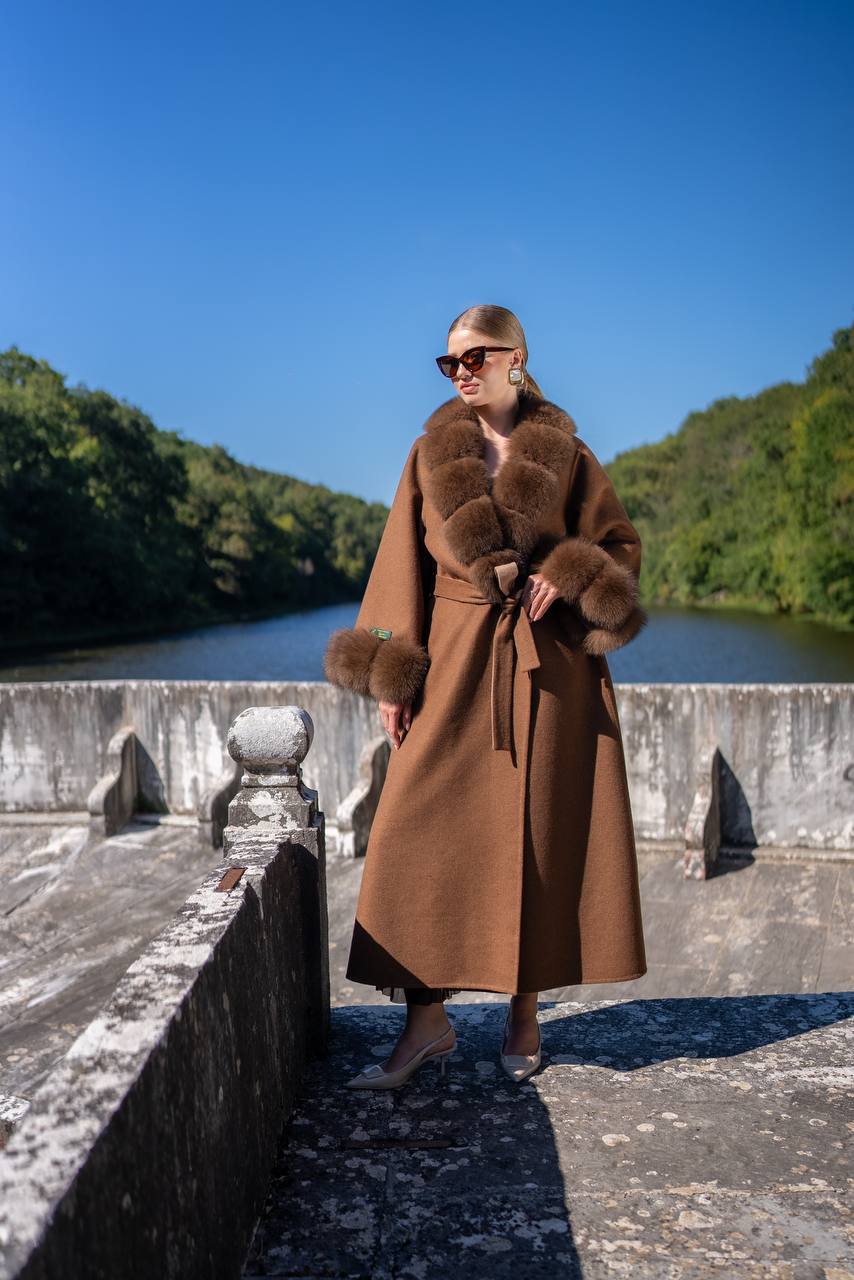 Emblem of Elegance Long Coat with Alpaca Wool and Fox Fur Details-9021-