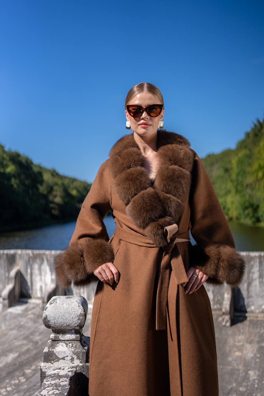 Emblem of Elegance Long Coat with Alpaca Wool and Fox Fur Details-9021-