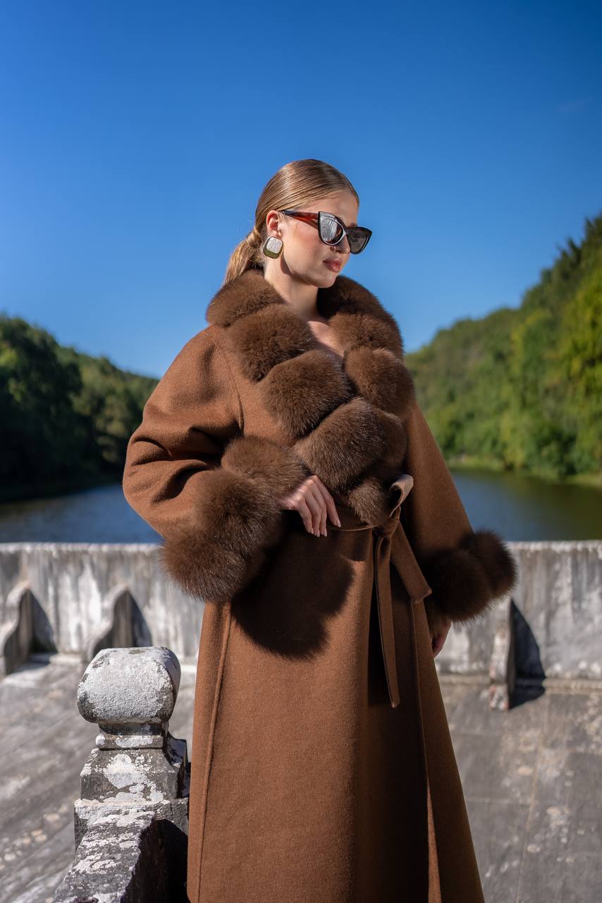 Emblem of Elegance Long Coat with Alpaca Wool and Fox Fur Details-9021-