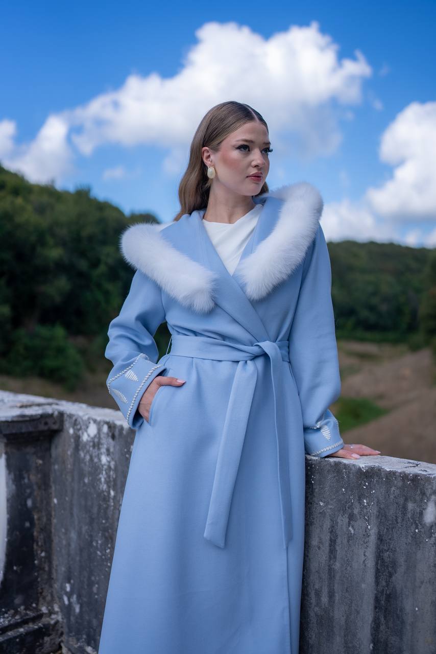 Cashmere Fabric Women’s Coat with Fox Fur Trim-9022-