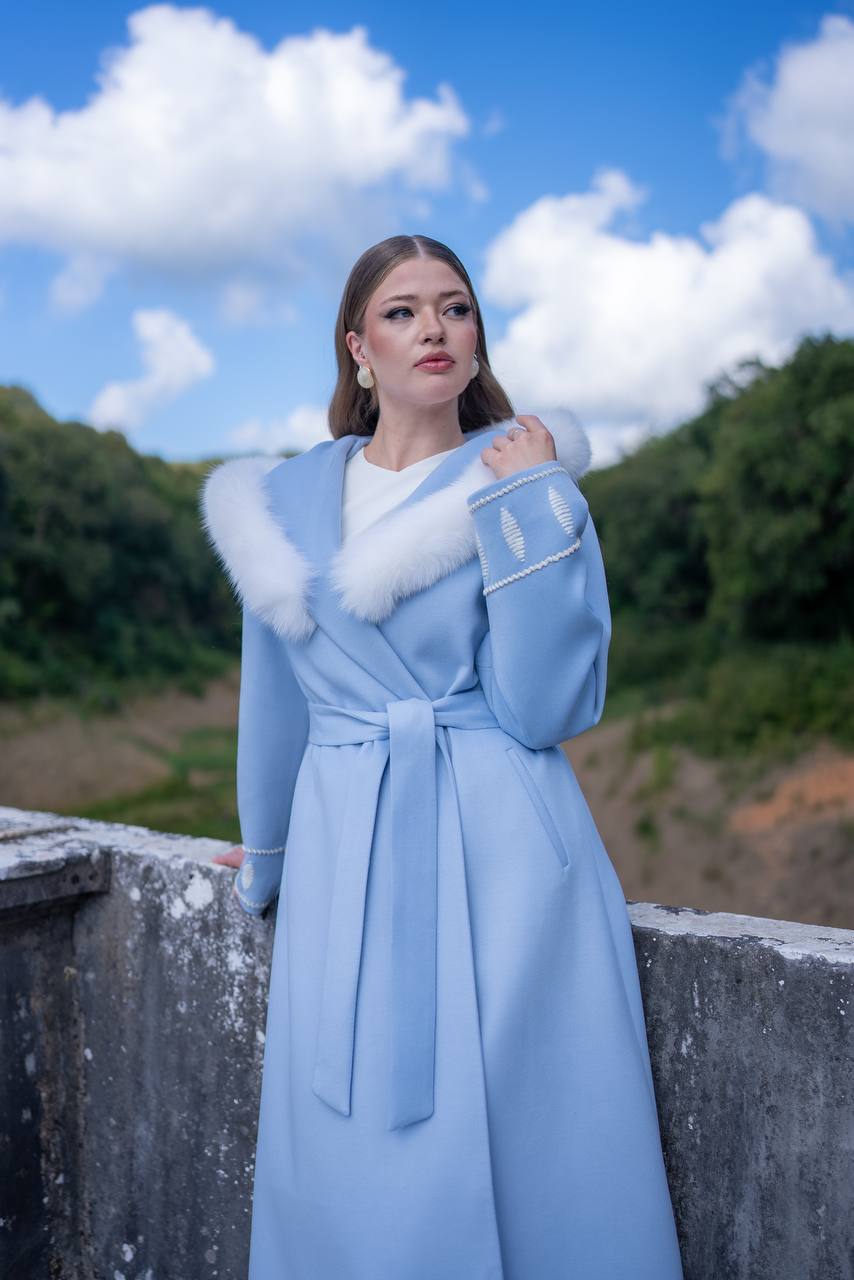 Cashmere Fabric Women’s Coat with Fox Fur Trim-9022-