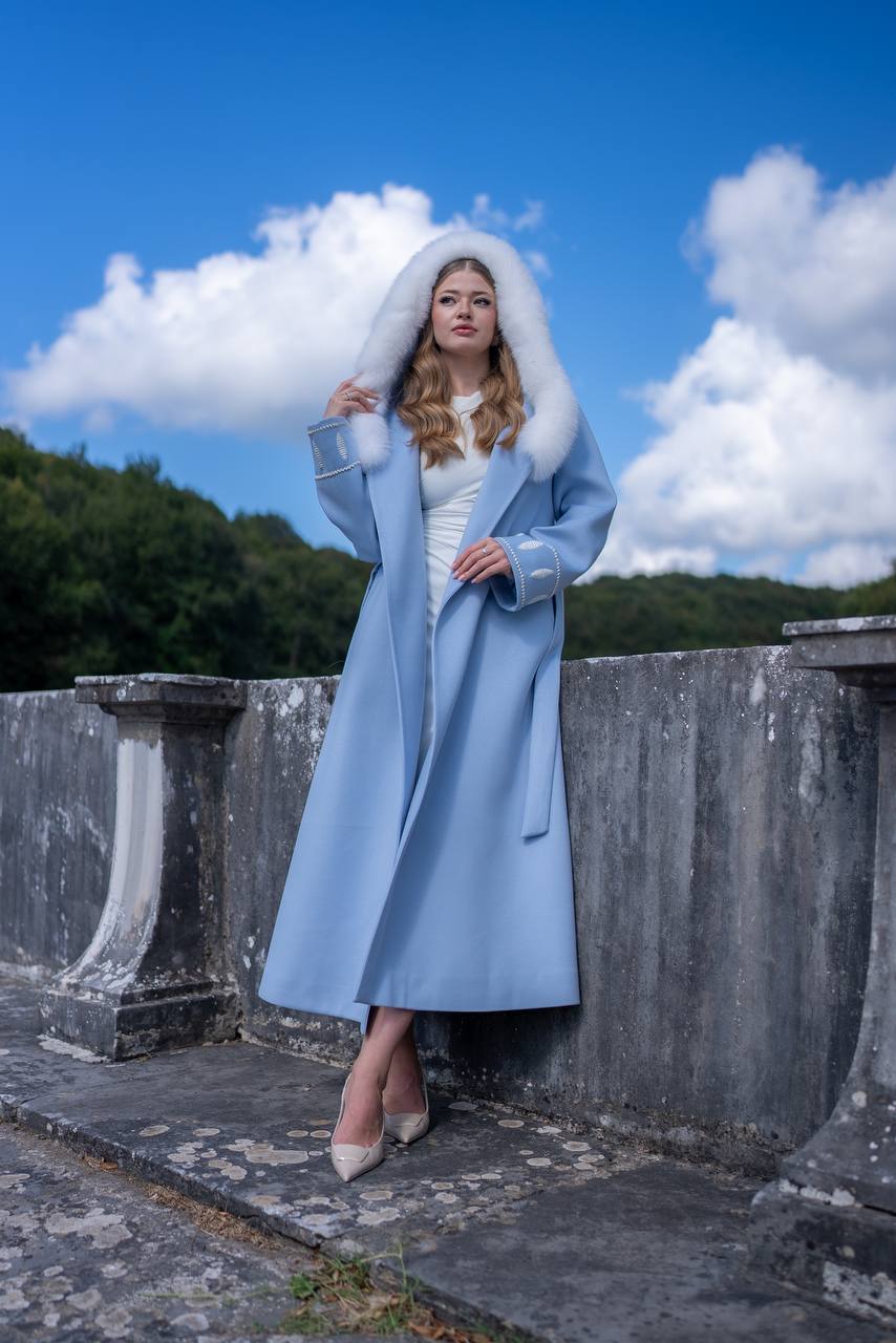 Cashmere Fabric Women’s Coat with Fox Fur Trim-9022-
